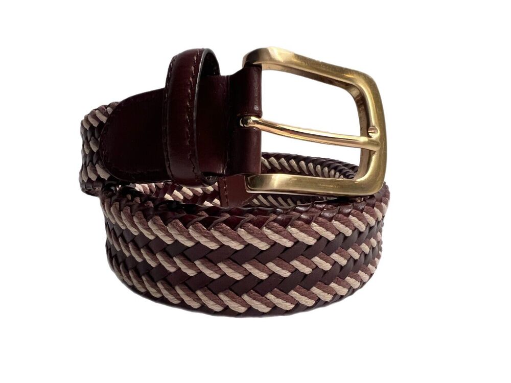 Vintage Genuine Leather Gorgeous Brown Beige & Leather Weave Belt 32" Adj
